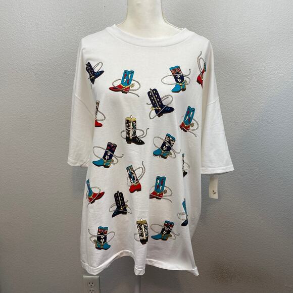 VTG Country Boot Graphic White Embellished Oversized T-Shirt - Picture 5 of 10